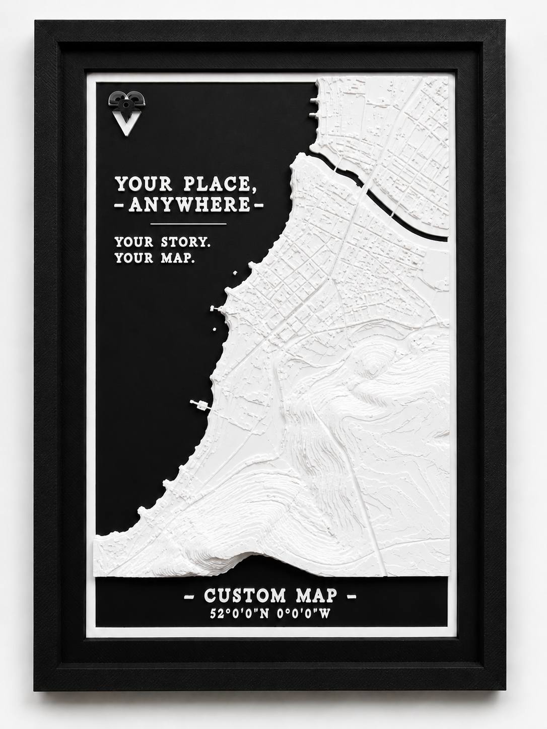 Framed custom 3D printed topographic map of any place in the world