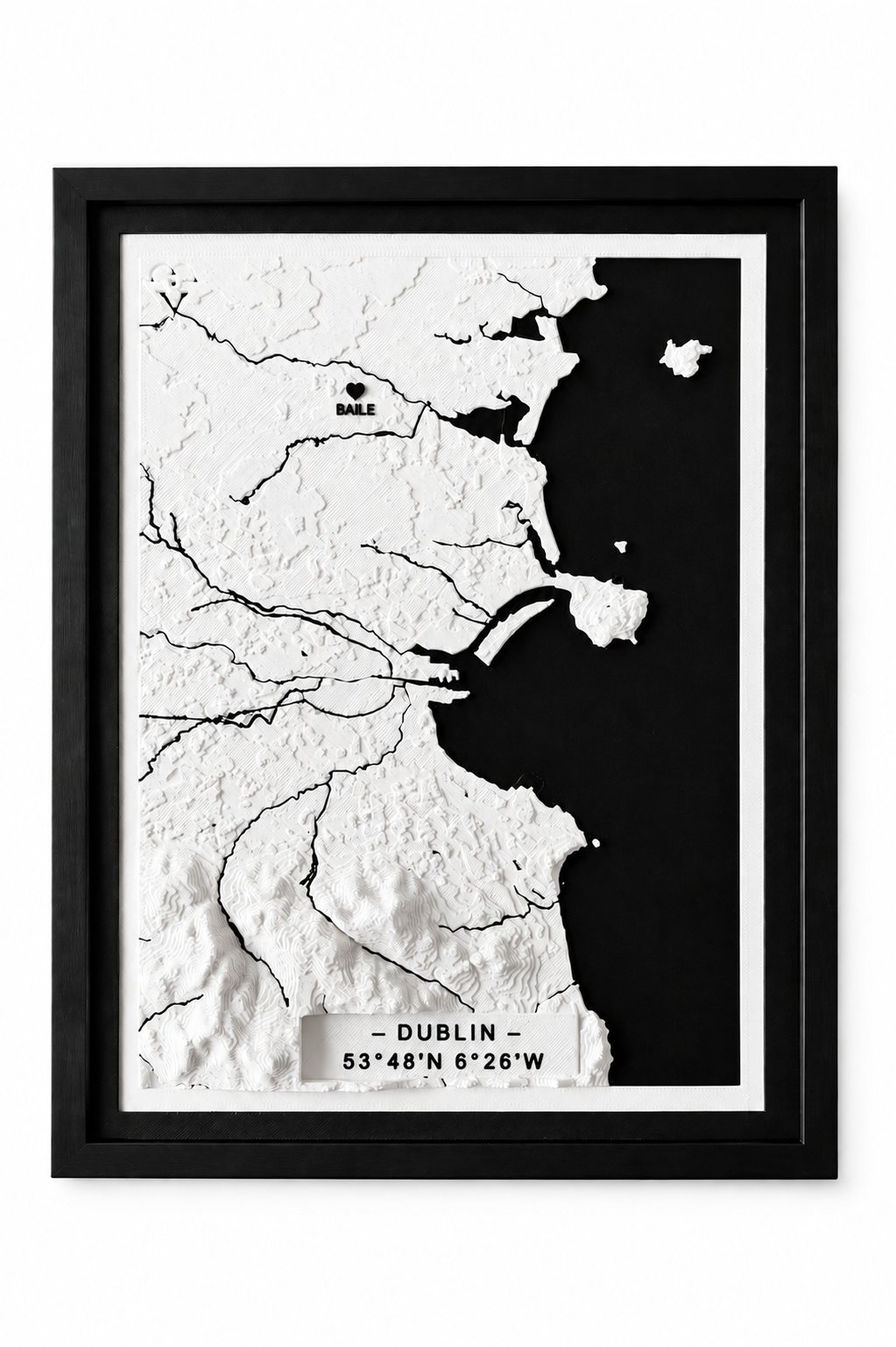 Framed custom 3D printed map of Dublin and the coast, with a heart marking home