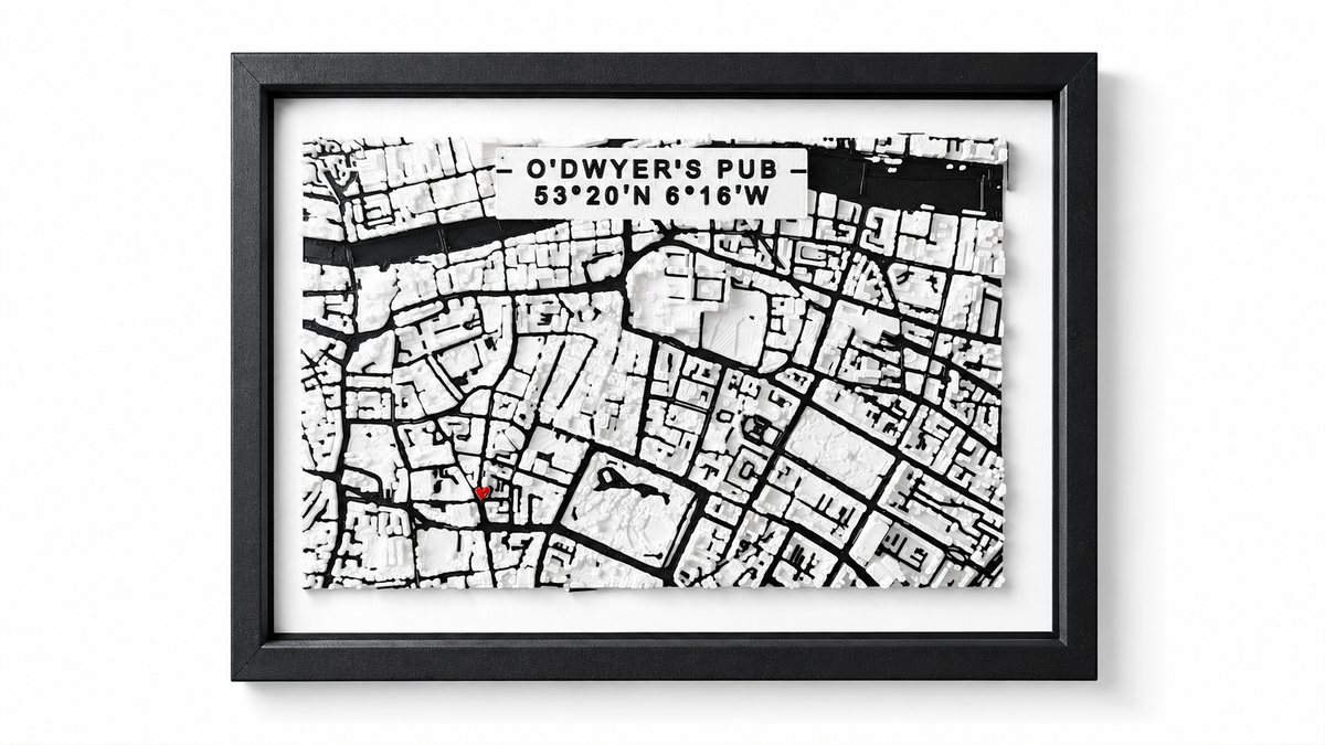 Framed custom 3D printed street map of Dublin marking O'Dwyer's pub